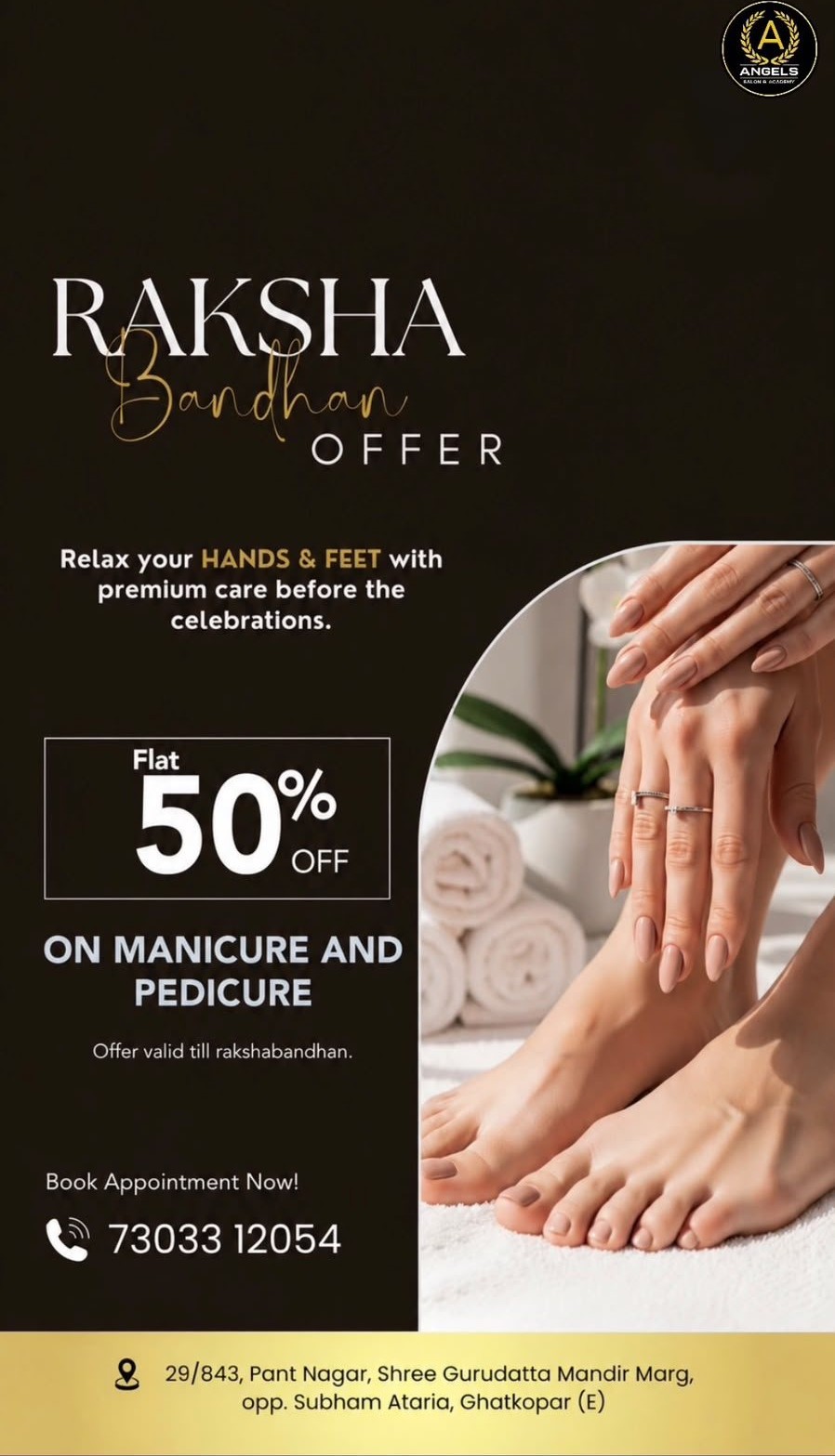 Flat 50% Off Manicure and Pedicure offer poster at Angel Salon