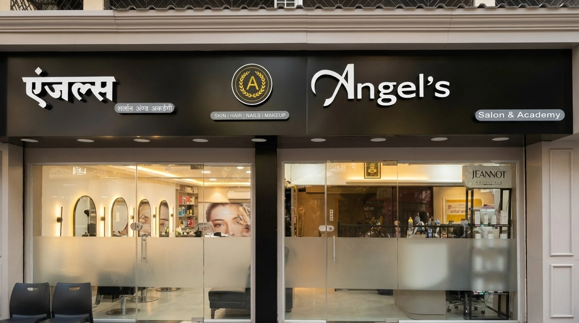 Angel Salon & Academy straight-on storefront facade and 3D gold brand signage in Ghatkopar East